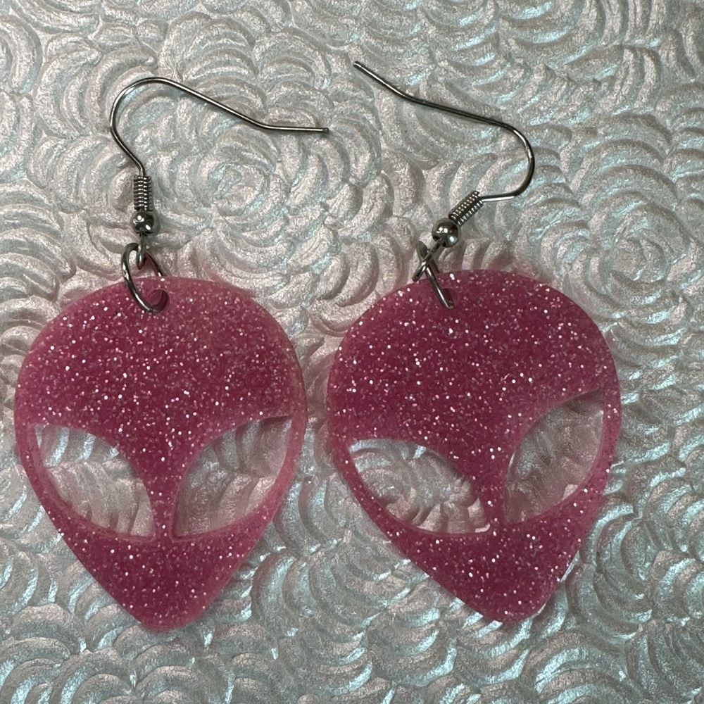 Pink glitter, alien earrings